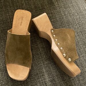 & Other Stories Khaki Suede Studded Wood Clogs  36/6